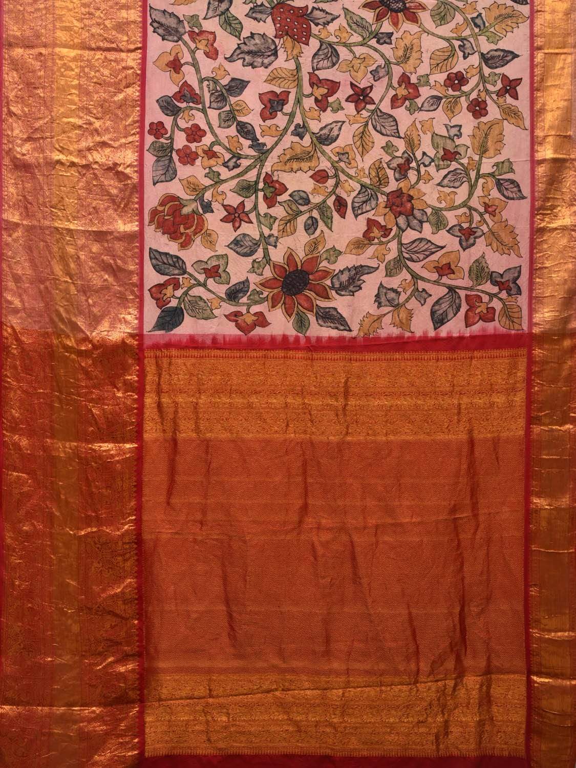 Cream Kalamkari Hand Painted Kanchipuram Silk Handloom Saree with Floral Design KL0489