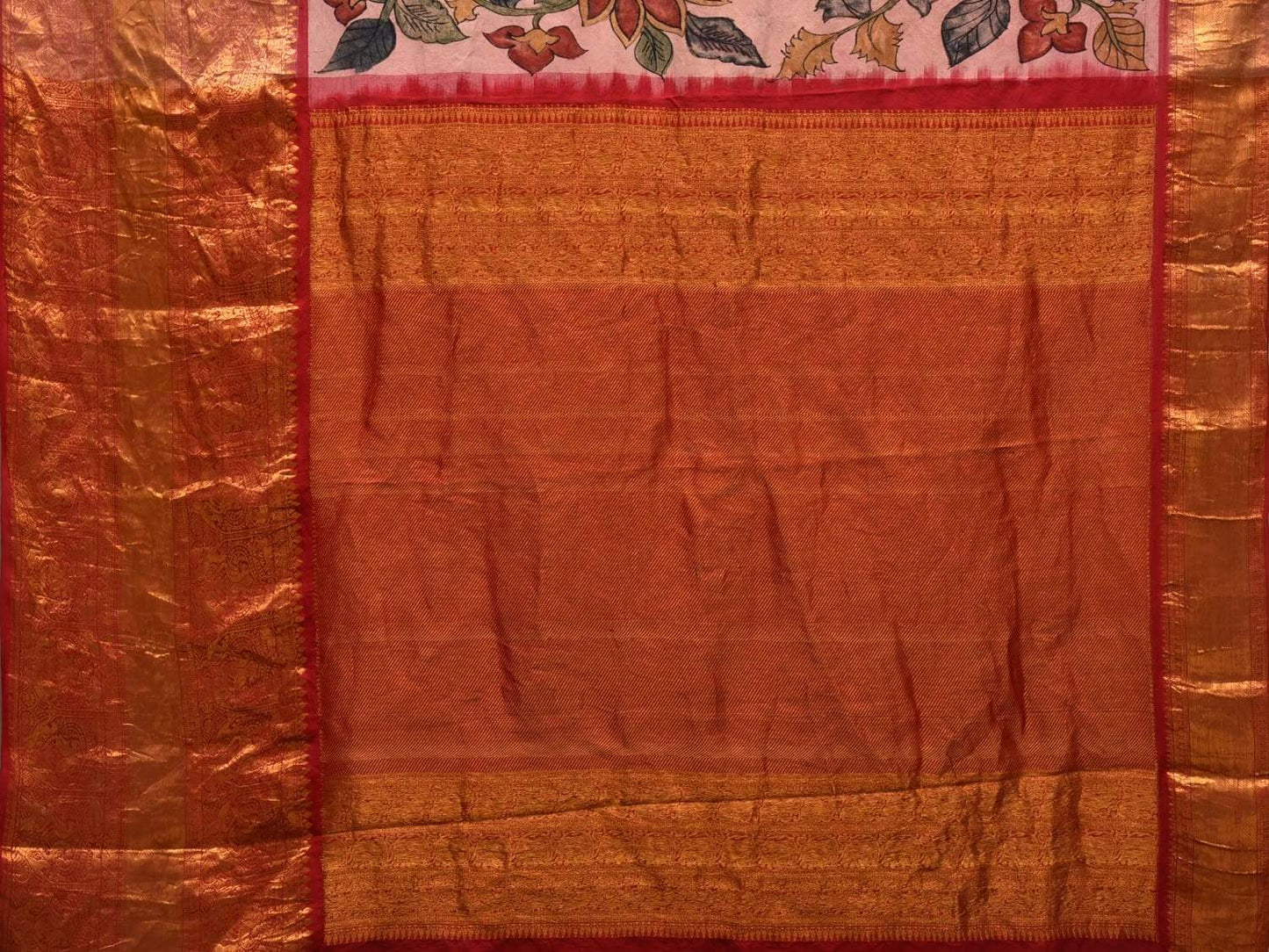 Cream Kalamkari Hand Painted Kanchipuram Silk Handloom Saree with Floral Design KL0489