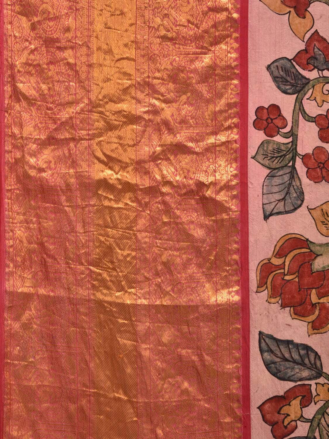 Cream Kalamkari Hand Painted Kanchipuram Silk Handloom Saree with Floral Design KL0489