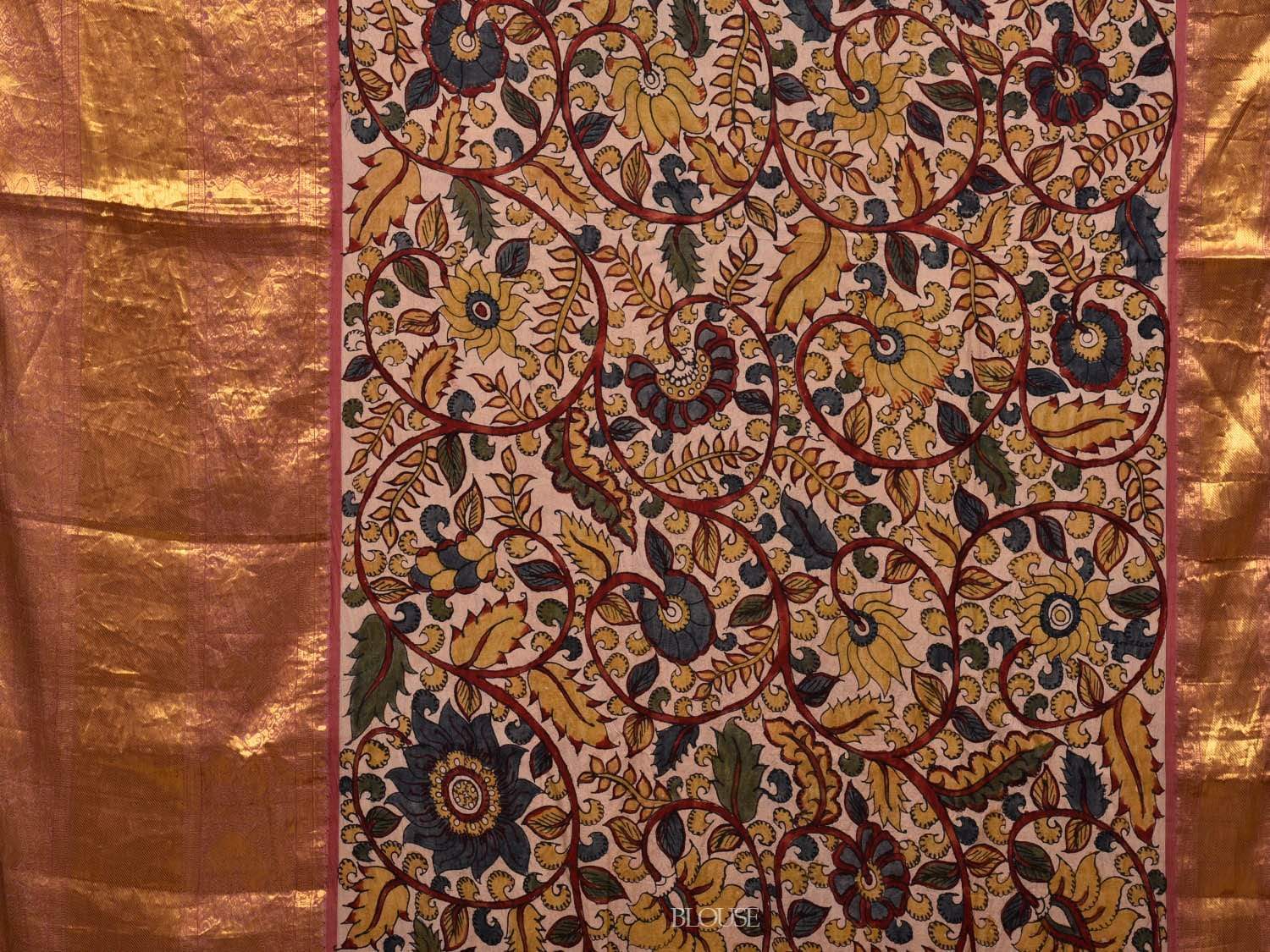 Cream Kalamkari Hand Painted Kanchipuram Silk Handloom Saree with Floral Design KL0527