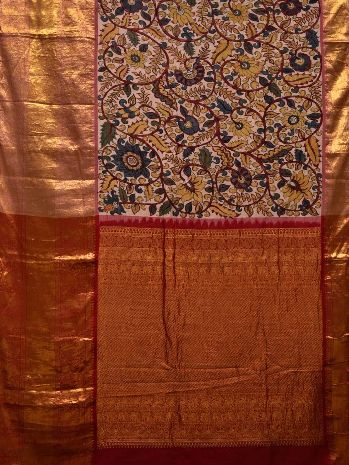 Cream Kalamkari Hand Painted Kanchipuram Silk Handloom Saree with Floral Design KL0527