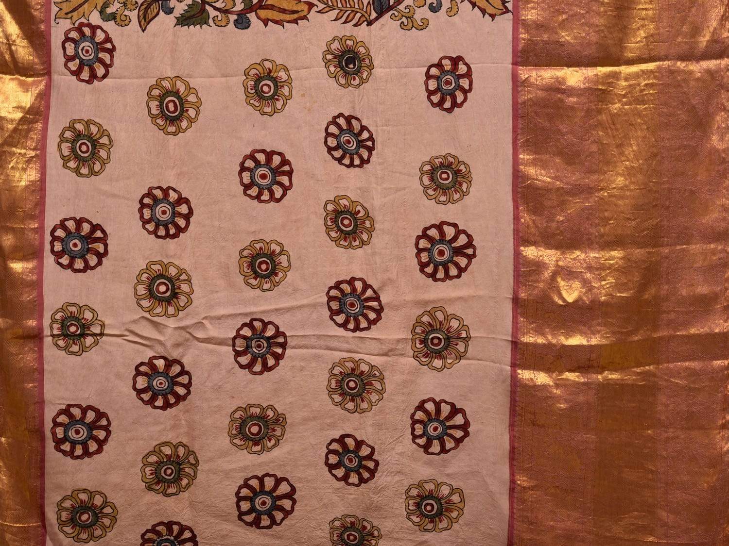 Cream Kalamkari Hand Painted Kanchipuram Silk Handloom Saree with Floral Design KL0527