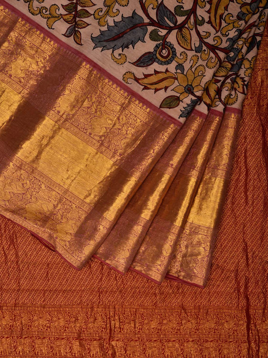 Cream Kalamkari Hand Painted Kanchipuram Silk Handloom Saree with Floral Design KL0527