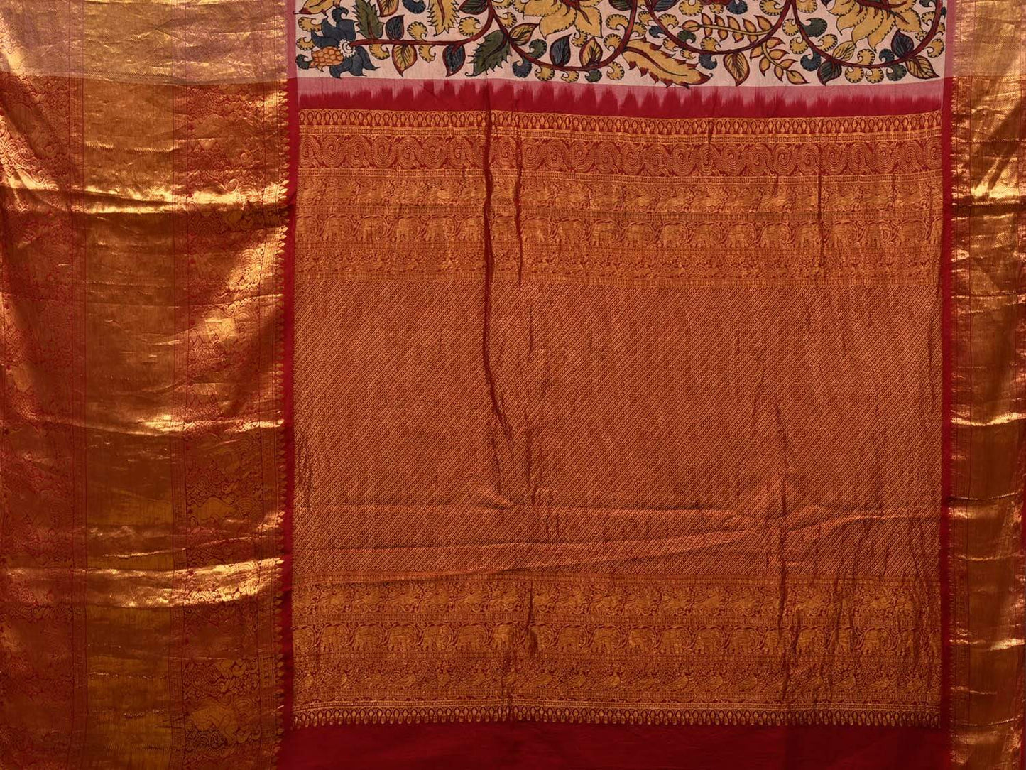 Cream Kalamkari Hand Painted Kanchipuram Silk Handloom Saree with Floral Design KL0527