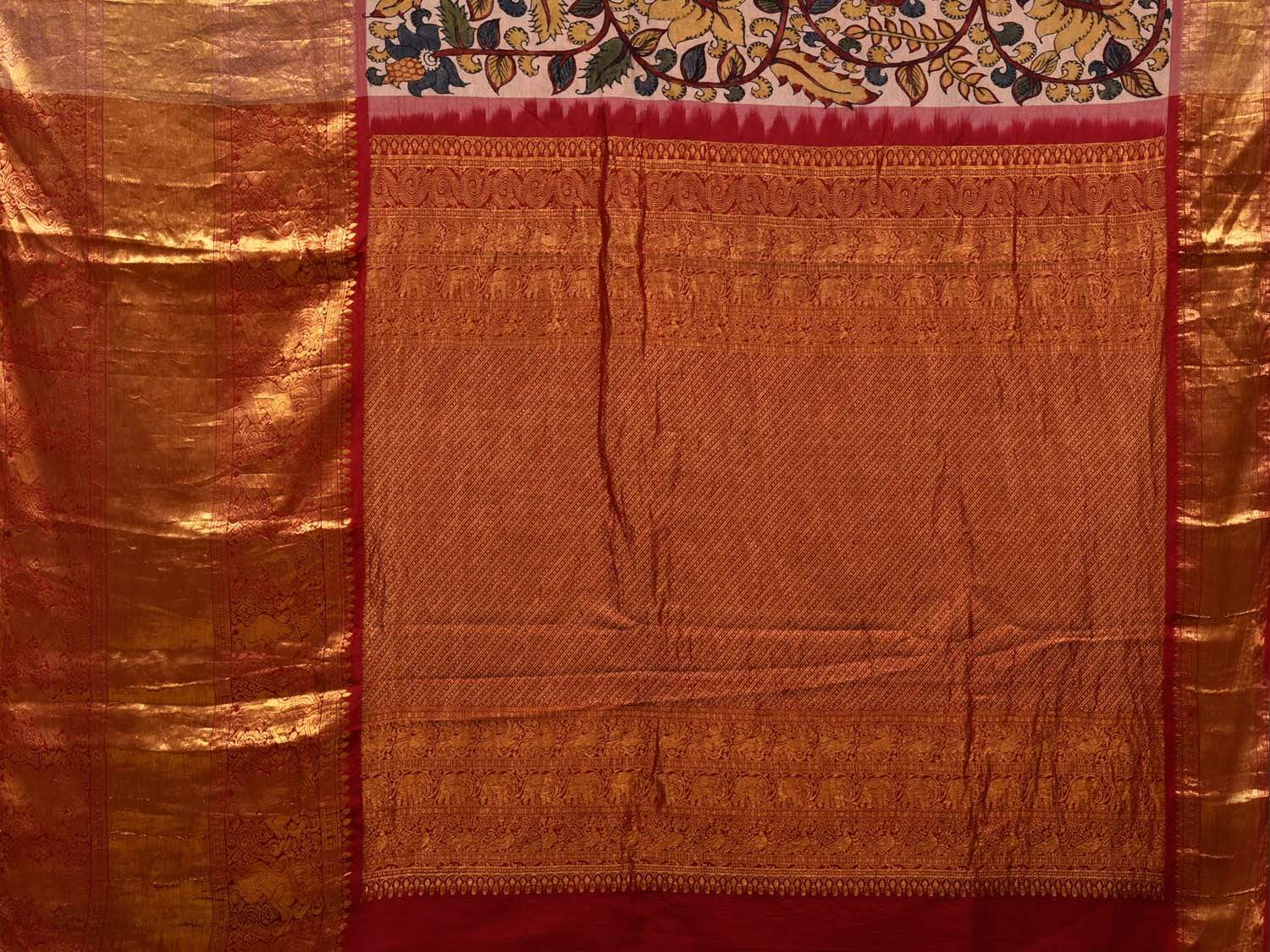 Cream Kalamkari Hand Painted Kanchipuram Silk Handloom Saree with Floral Design KL0527