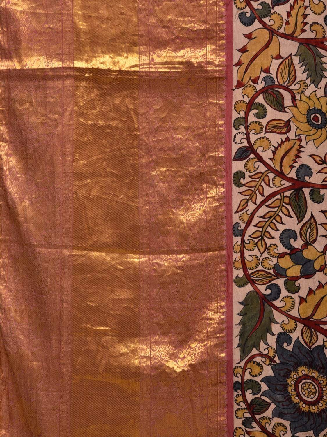 Cream Kalamkari Hand Painted Kanchipuram Silk Handloom Saree with Floral Design KL0527