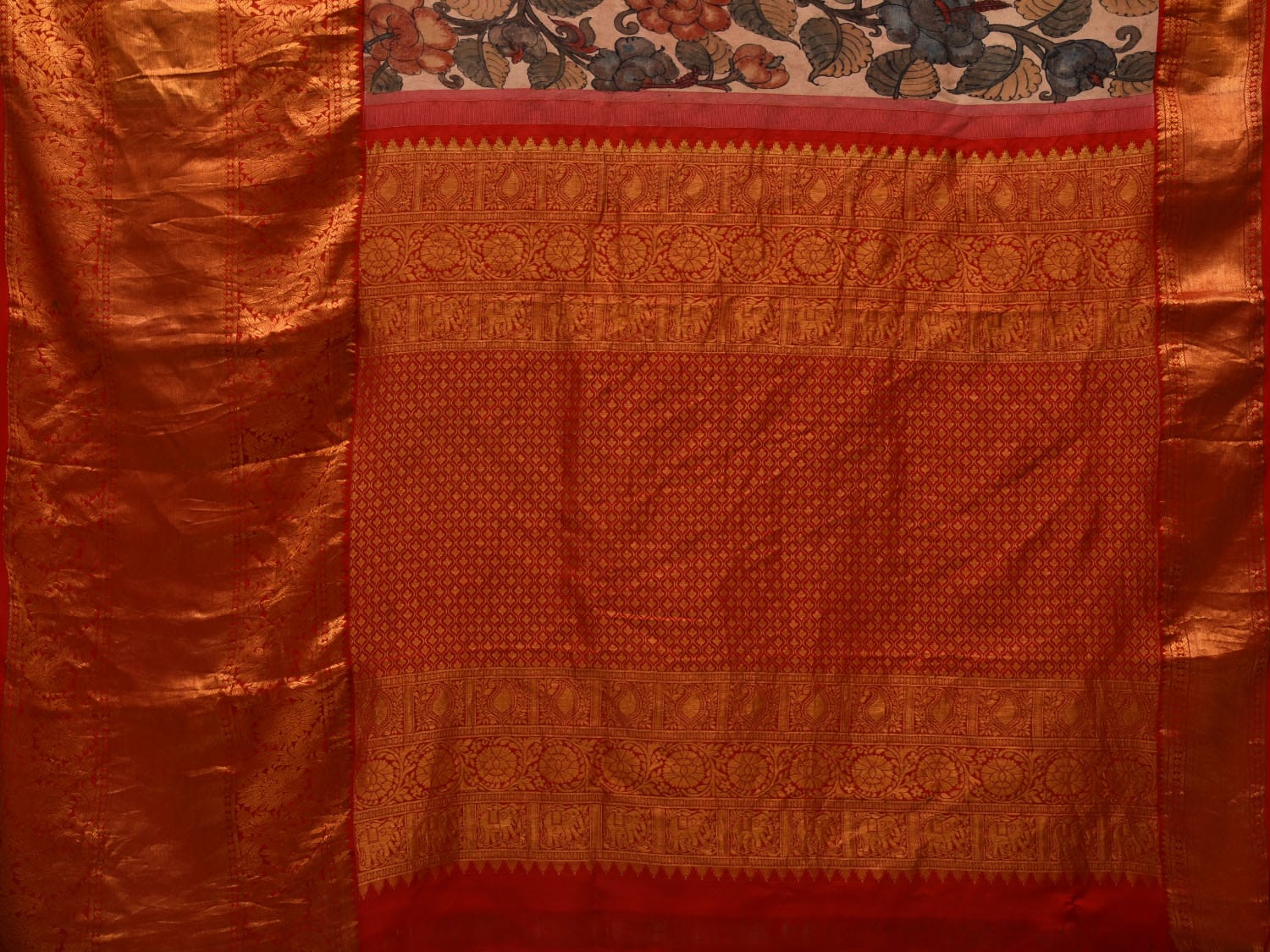 Cream Kalamkari Hand Painted Kanchipuram Silk Handloom Saree with Floral Design KL0692