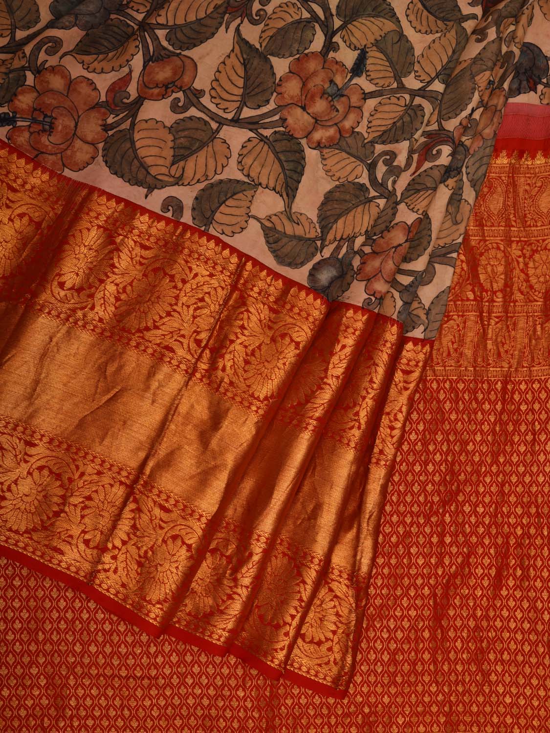 Cream Kalamkari Hand Painted Kanchipuram Silk Handloom Saree with Floral Design KL0692