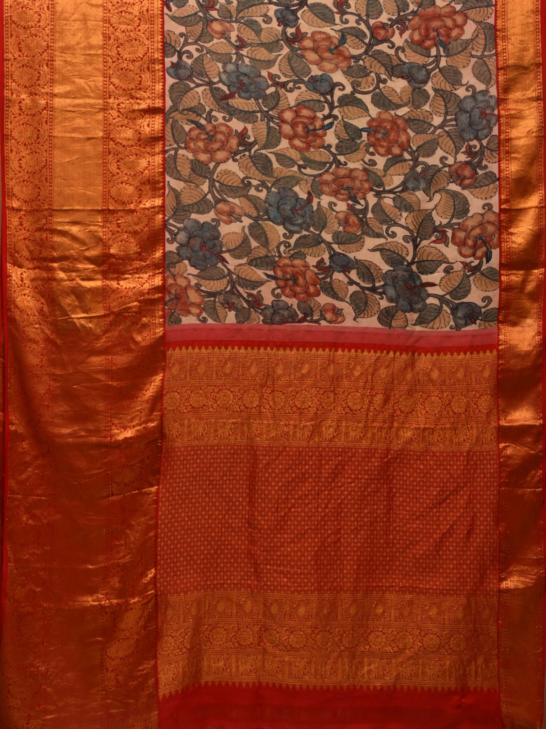 Cream Kalamkari Hand Painted Kanchipuram Silk Handloom Saree with Floral Design KL0692