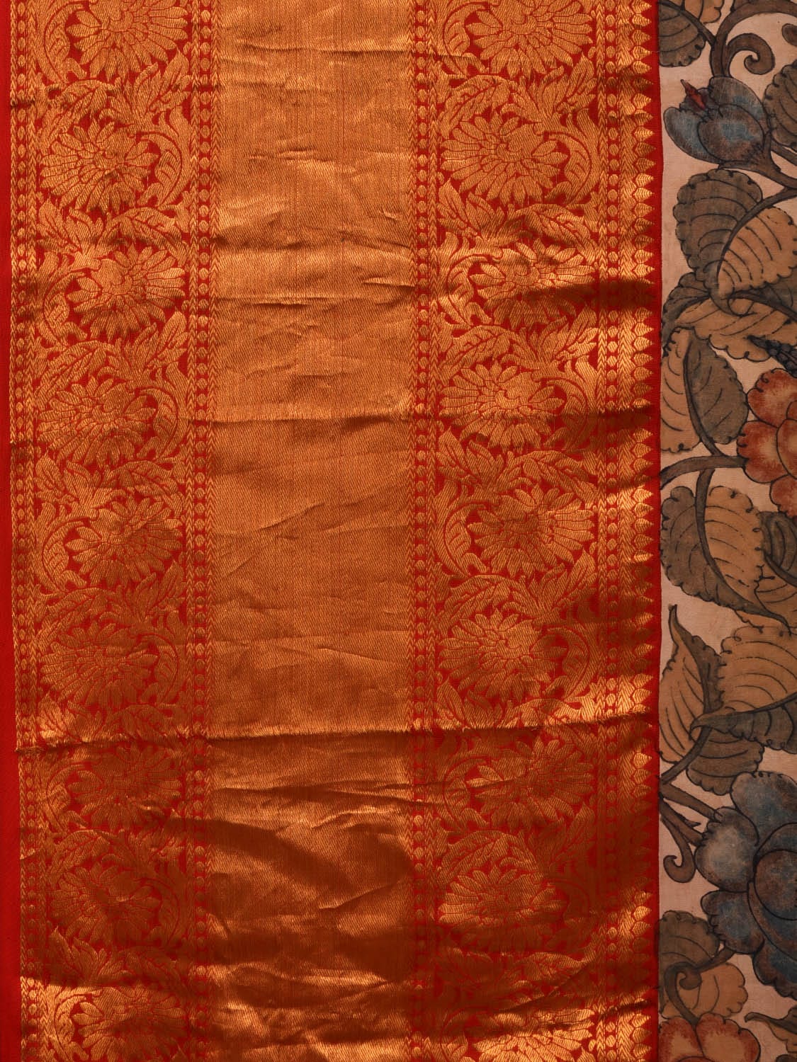 Cream Kalamkari Hand Painted Kanchipuram Silk Handloom Saree with Floral Design KL0692