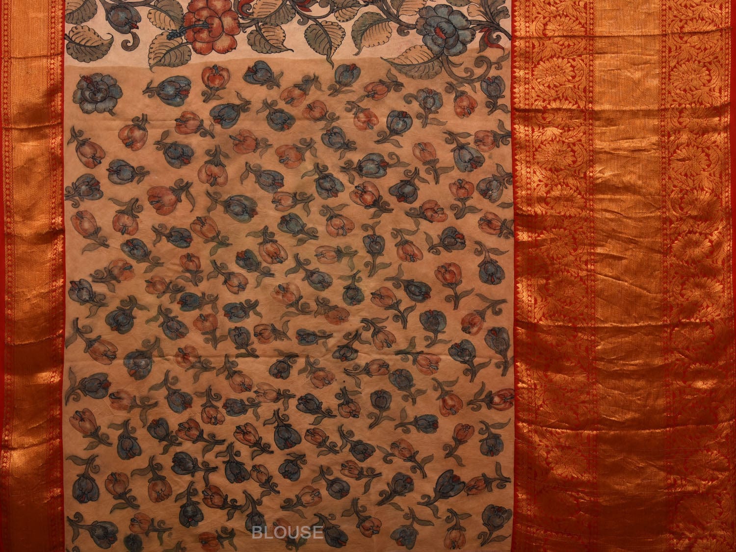 Cream Kalamkari Hand Painted Kanchipuram Silk Handloom Saree with Floral Design KL0692