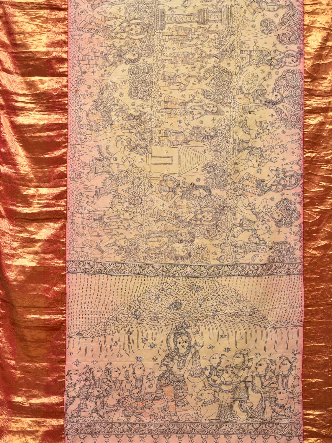 Cream Kalamkari Hand Painted Kanchipuram Silk Handloom Saree with Krishna Leela Story Design KL0424