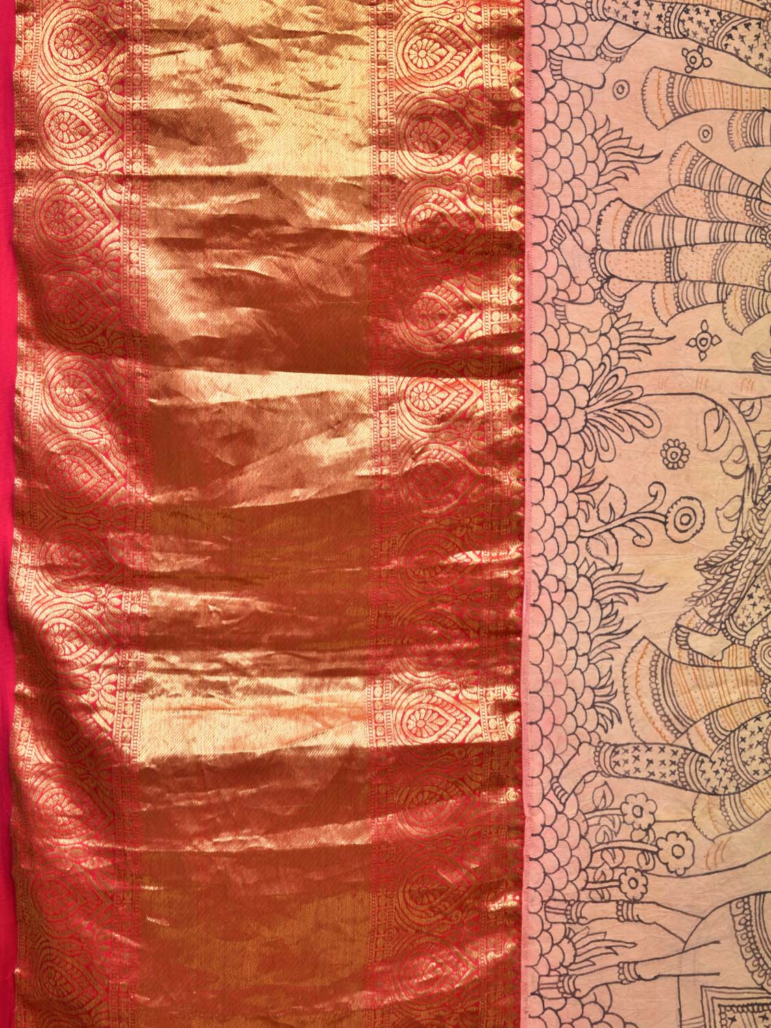 Cream Kalamkari Hand Painted Kanchipuram Silk Handloom Saree with Krishna Leela Story Design KL0424