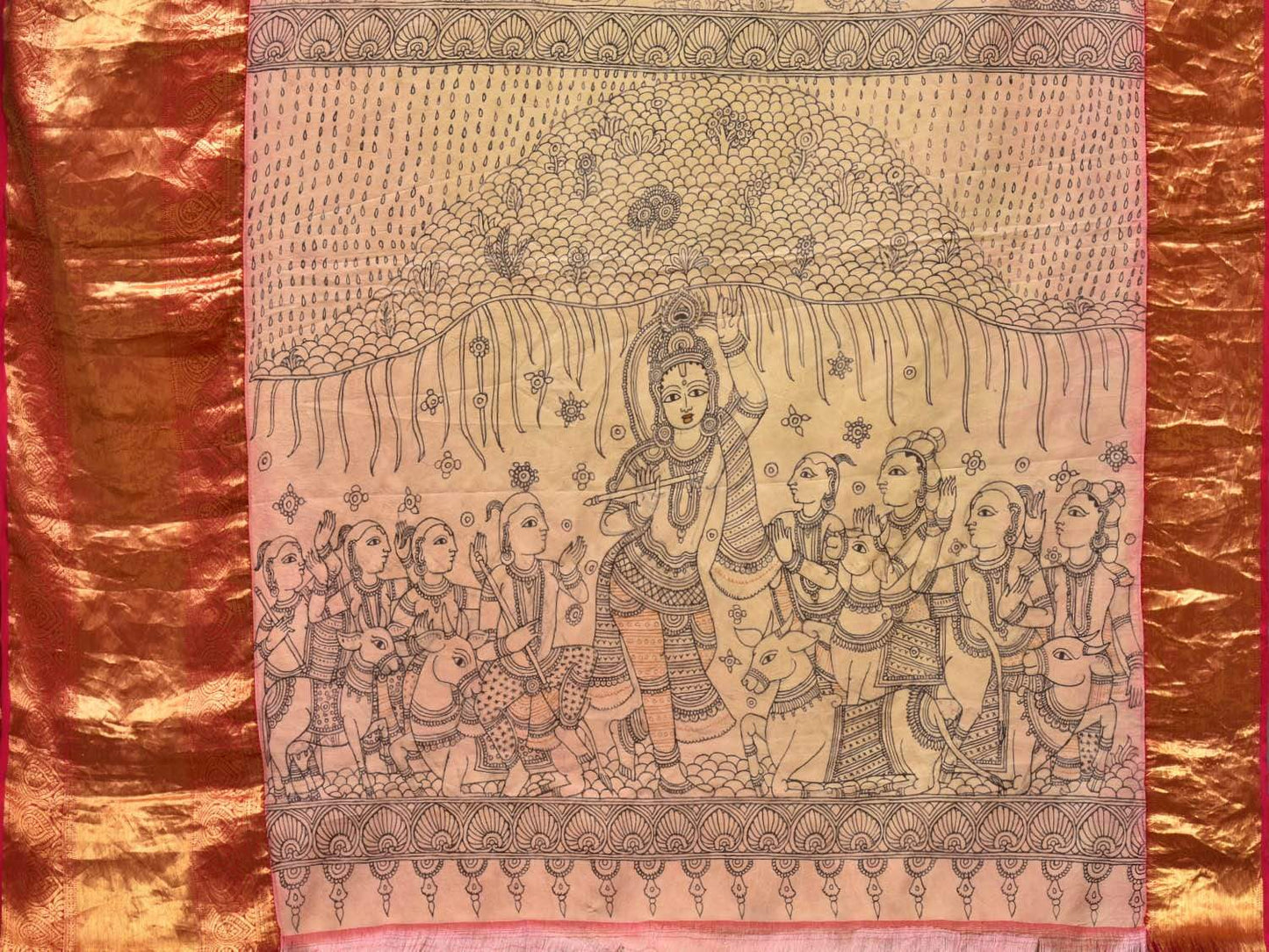 Cream Kalamkari Hand Painted Kanchipuram Silk Handloom Saree with Krishna Leela Story Design KL0424