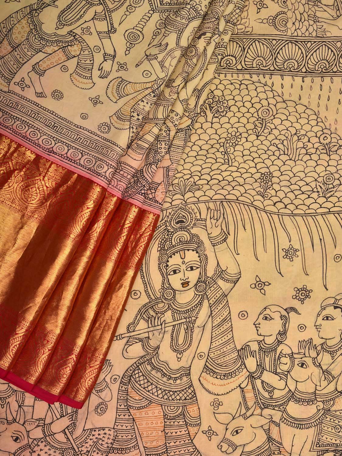 Cream Kalamkari Hand Painted Kanchipuram Silk Handloom Saree with Krishna Leela Story Design KL0424