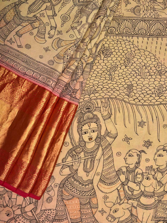 Cream Kalamkari Hand Painted Kanchipuram Silk Handloom Saree with Krishna Leela Story Design KL0424