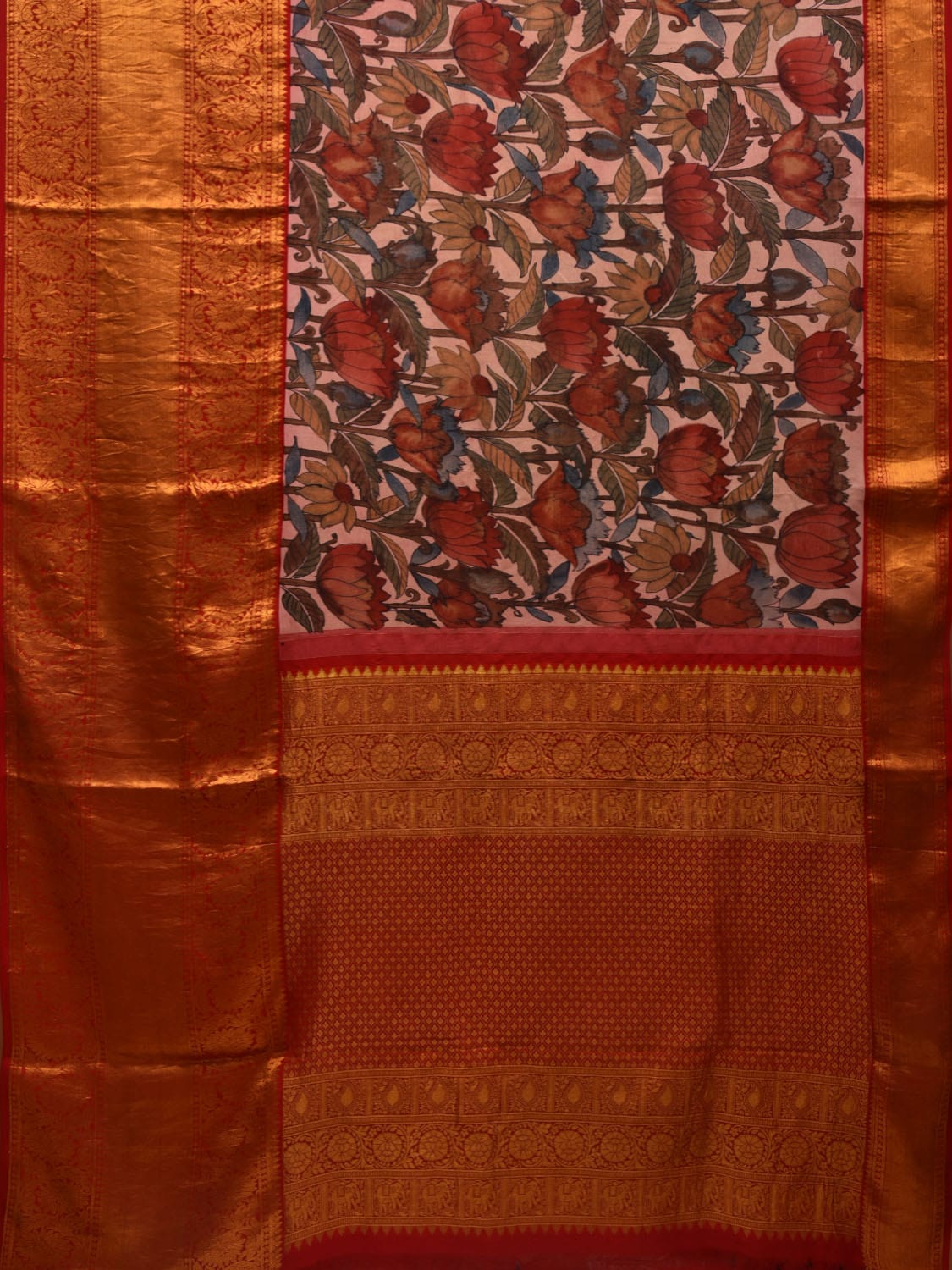 Cream Kalamkari Hand Painted Kanchipuram Silk Handloom Saree with Lotus Flowers Design KL0653