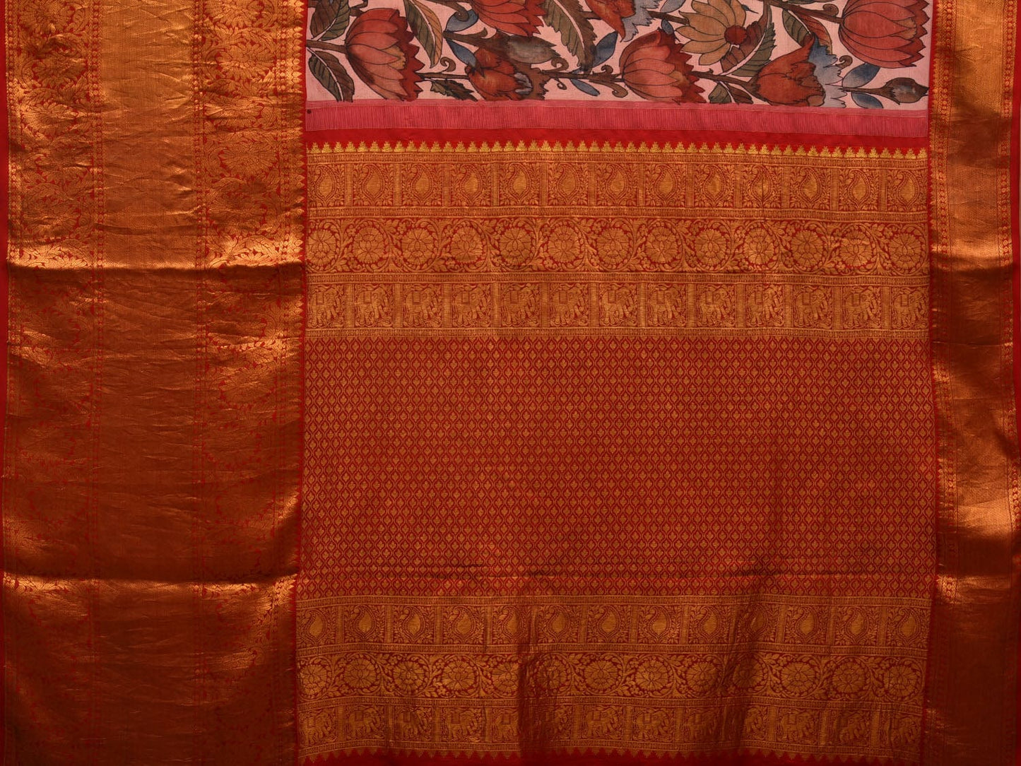 Cream Kalamkari Hand Painted Kanchipuram Silk Handloom Saree with Lotus Flowers Design KL0653