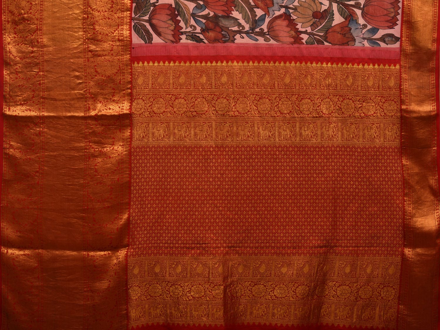 Cream Kalamkari Hand Painted Kanchipuram Silk Handloom Saree with Lotus Flowers Design KL0653