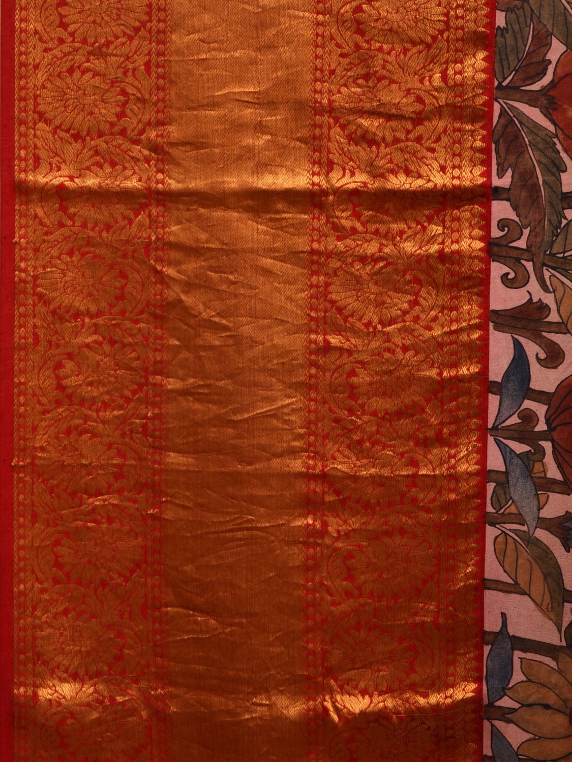 Cream Kalamkari Hand Painted Kanchipuram Silk Handloom Saree with Lotus Flowers Design KL0653