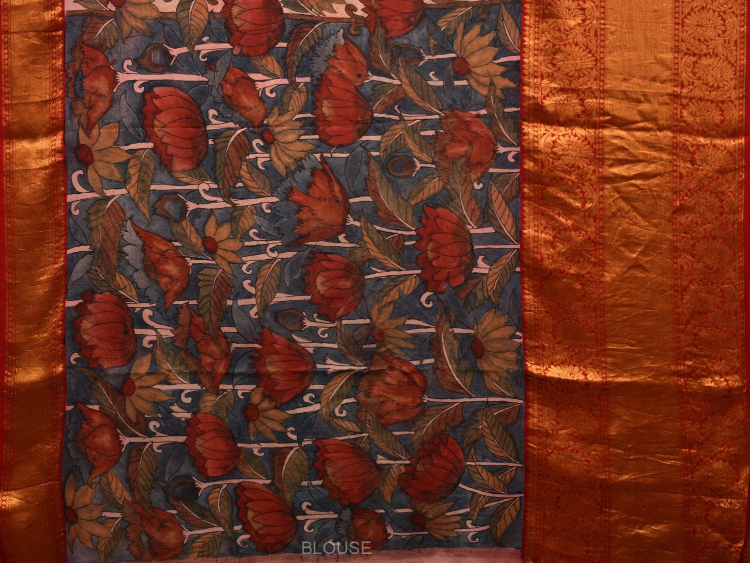 Cream Kalamkari Hand Painted Kanchipuram Silk Handloom Saree with Lotus Flowers Design KL0653