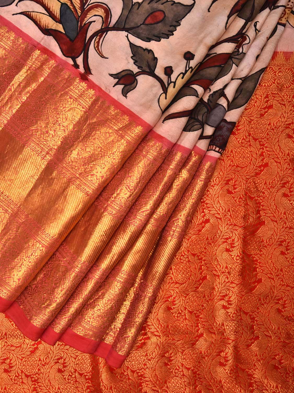 Cream Kalamkari Hand Painted Kancipuram Silk Handloom Saree with Floral Design KL0458