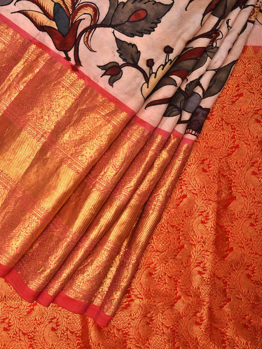 Cream Kalamkari Hand Painted Kancipuram Silk Handloom Saree with Floral Design KL0458