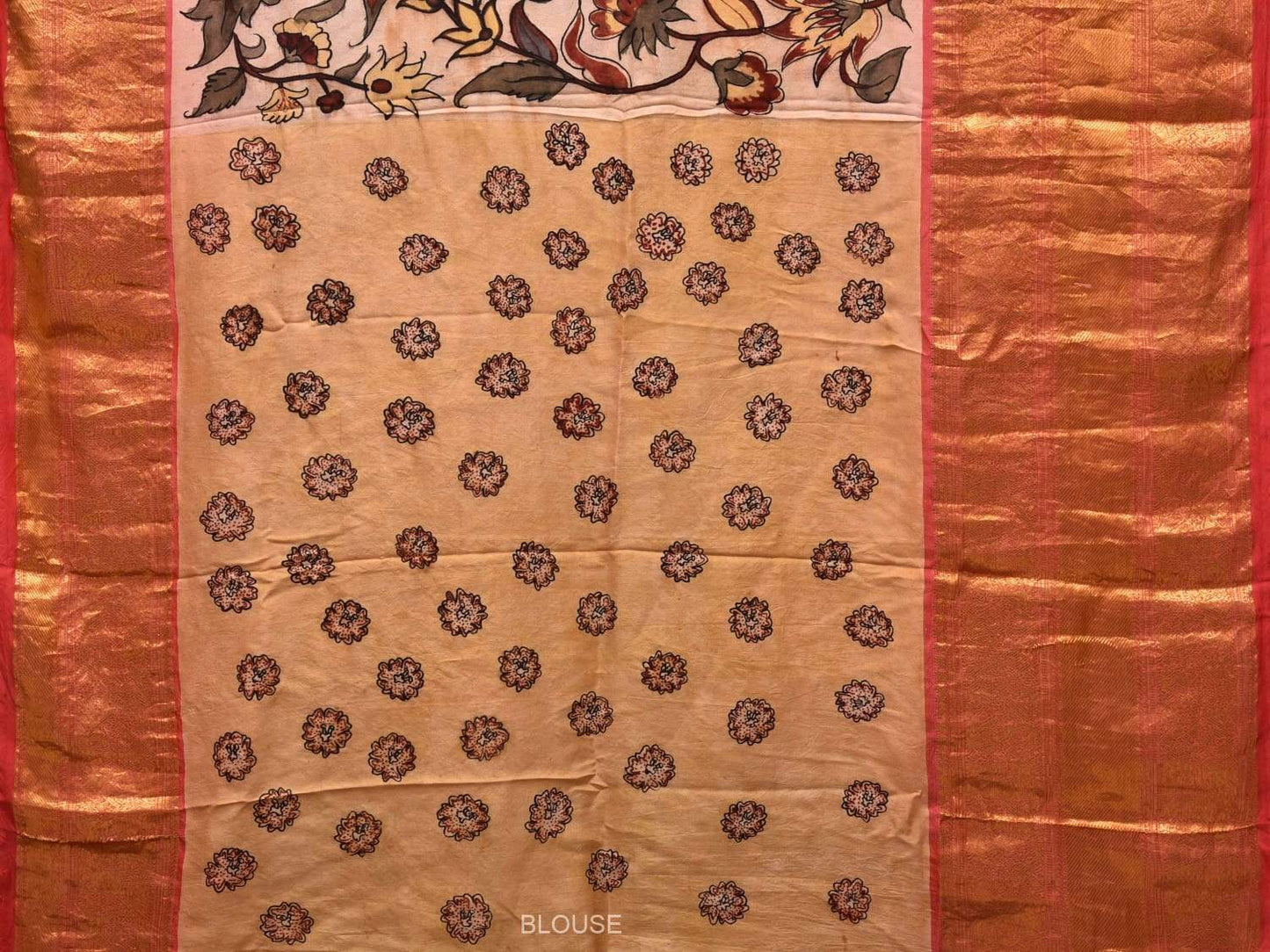 Cream Kalamkari Hand Painted Kancipuram Silk Handloom Saree with Floral Design KL0458