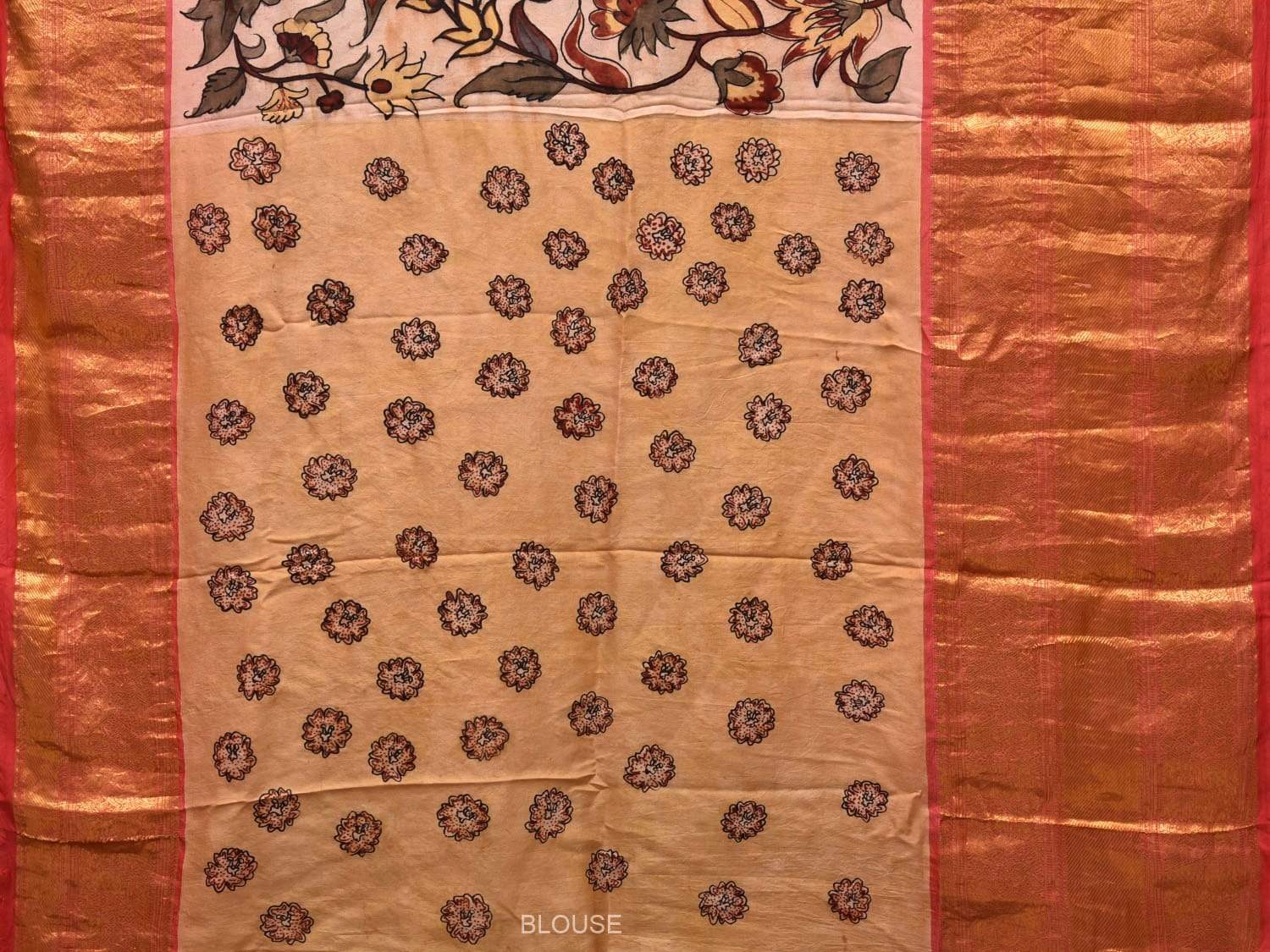 Cream Kalamkari Hand Painted Kancipuram Silk Handloom Saree with Floral Design KL0458