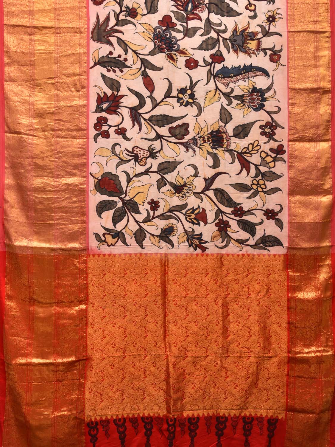 Cream Kalamkari Hand Painted Kancipuram Silk Handloom Saree with Floral Design KL0458