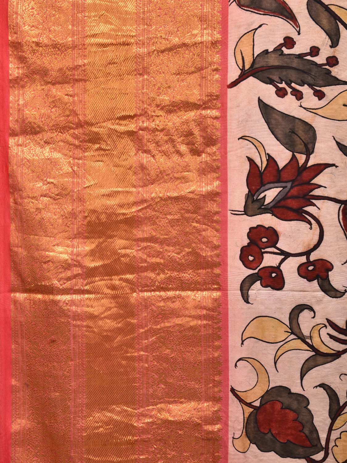 Cream Kalamkari Hand Painted Kancipuram Silk Handloom Saree with Floral Design KL0458