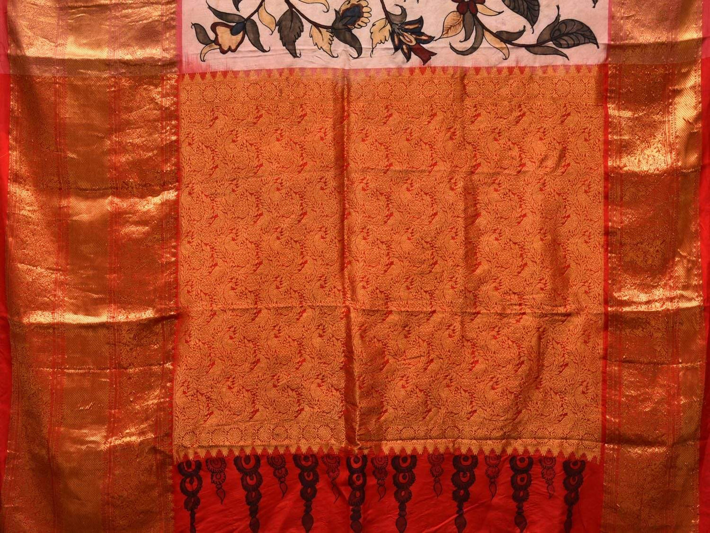 Cream Kalamkari Hand Painted Kancipuram Silk Handloom Saree with Floral Design KL0458