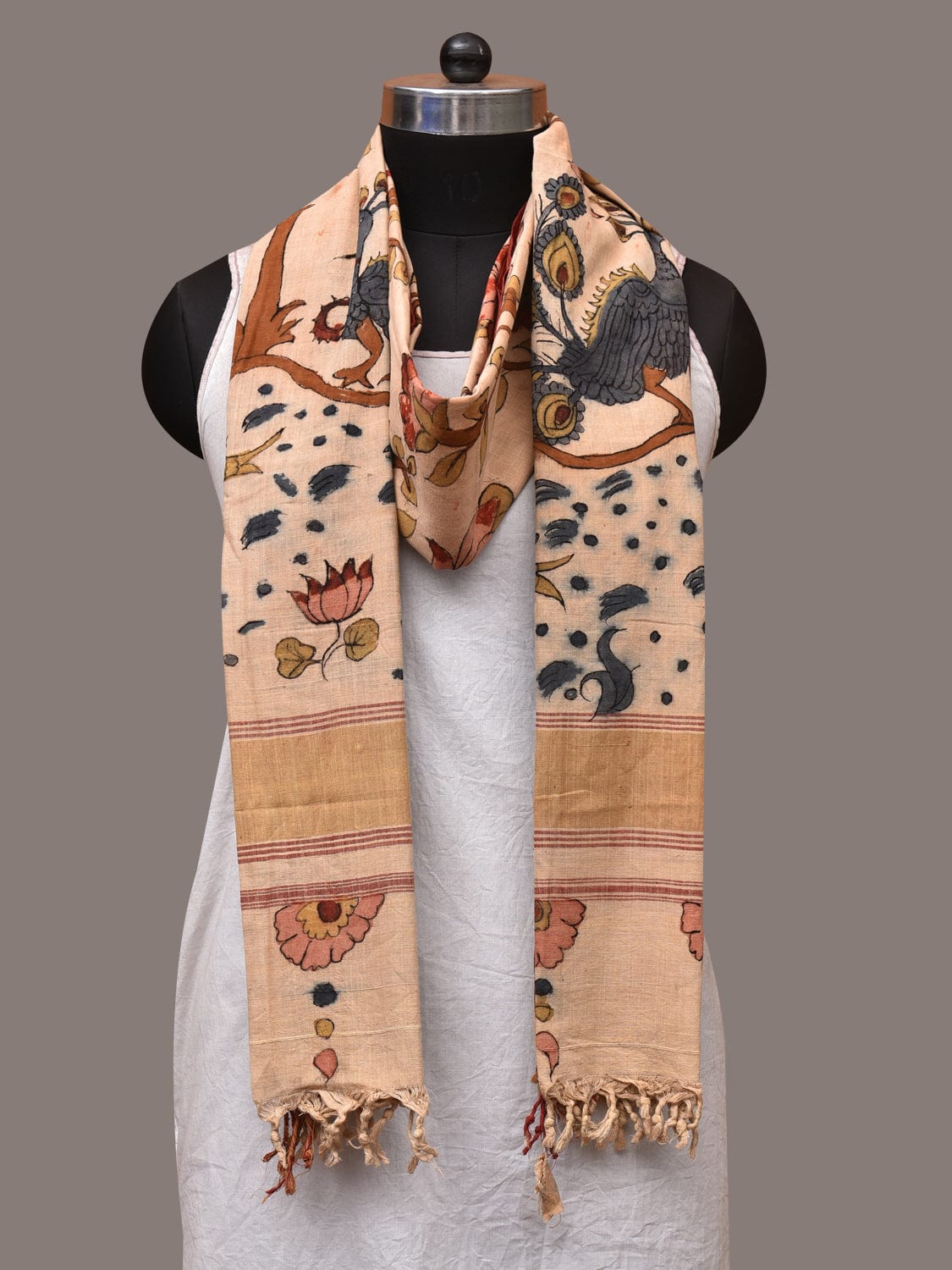 Cream Kalamkari Hand Painted Khadi Cotton Handloom Dupatta with Tree of Life Design ds3503