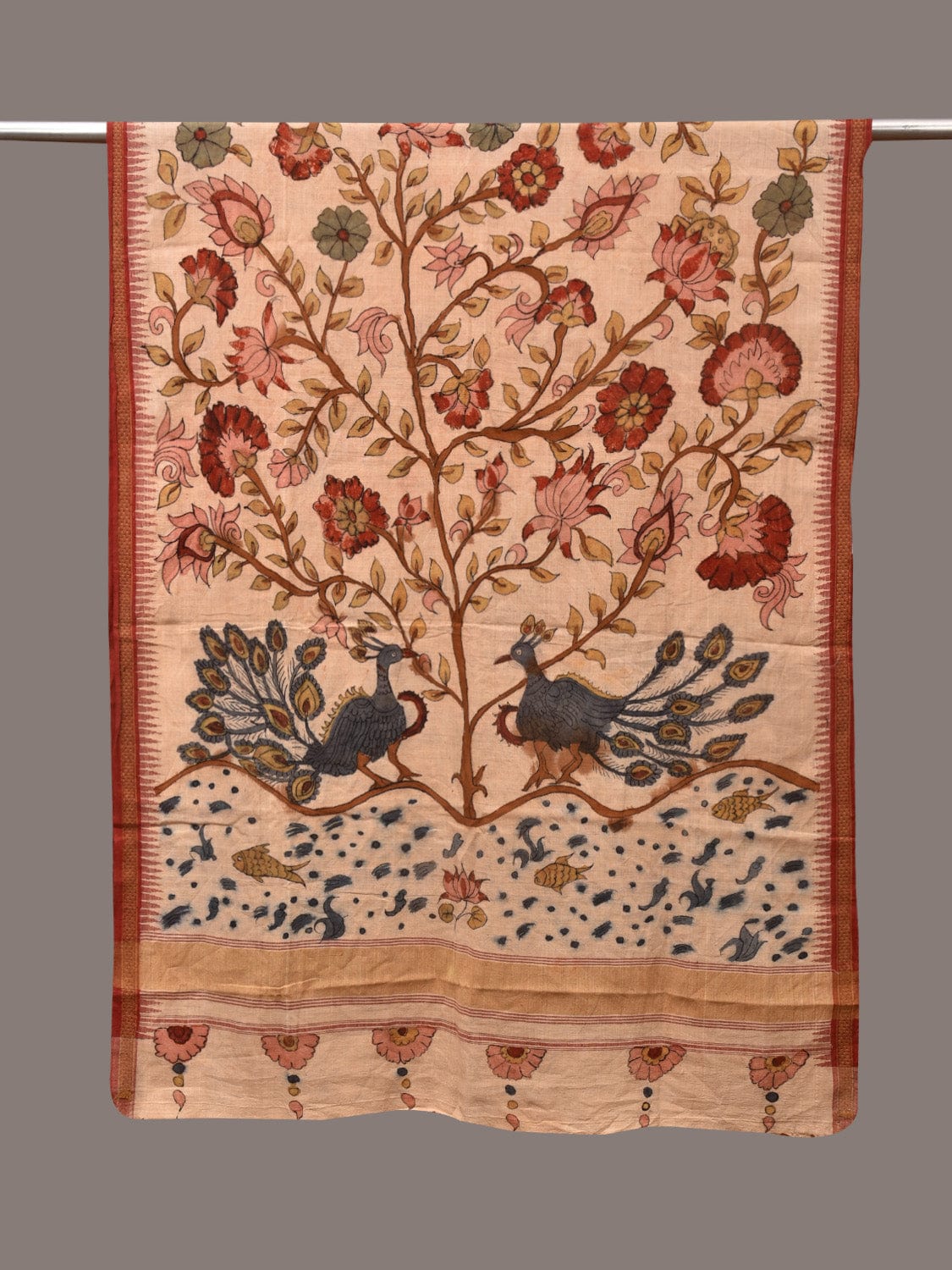 Cream Kalamkari Hand Painted Khadi Cotton Handloom Dupatta with Tree of Life Design ds3503