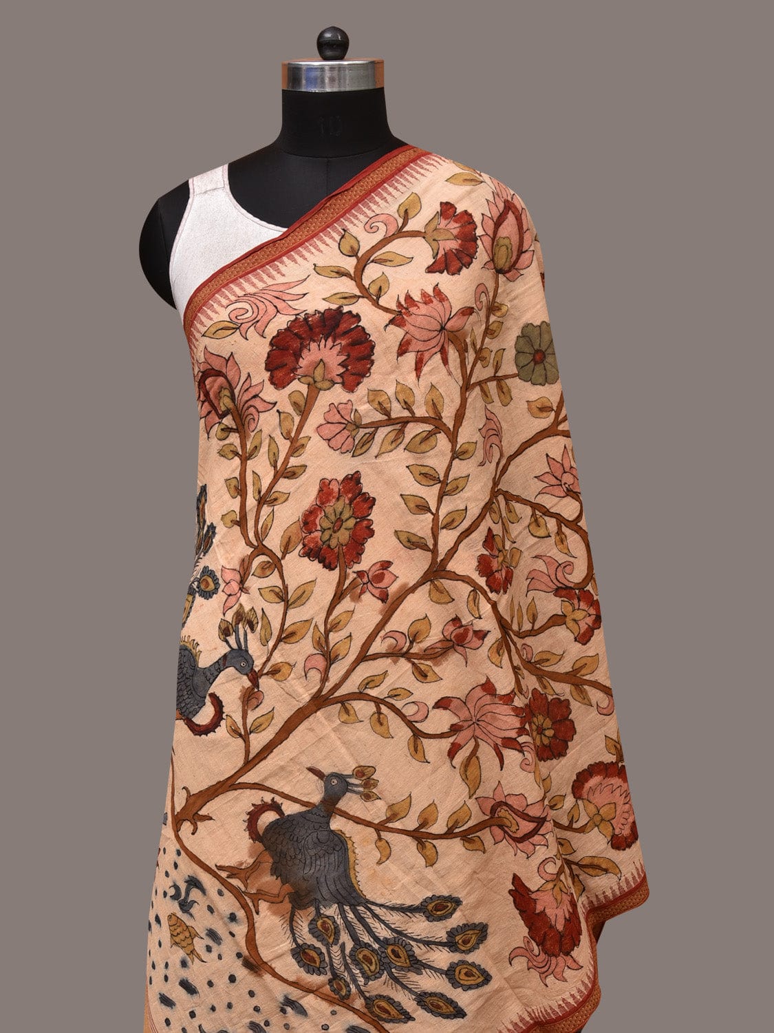 Cream Kalamkari Hand Painted Khadi Cotton Handloom Dupatta with Tree of Life Design ds3503