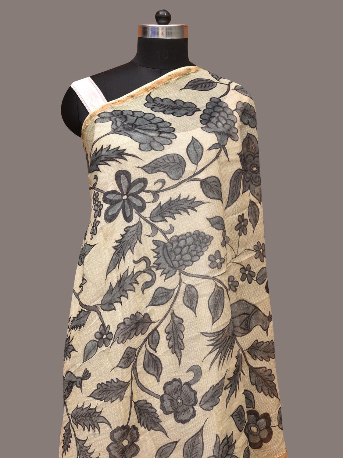 Cream Kalamkari Hand Painted Kota Silk Dupatta with Floral and Birds Design ds3392