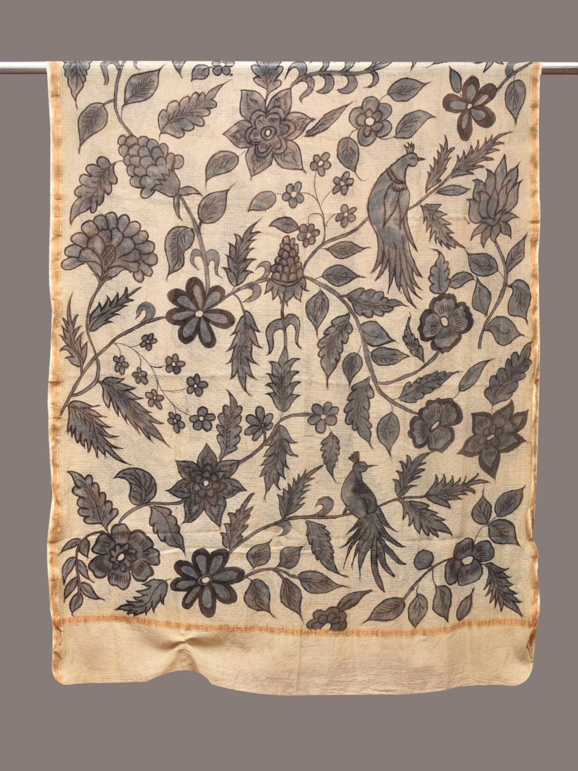 Cream Kalamkari Hand Painted Kota Silk Dupatta with Floral and Birds Design ds3392