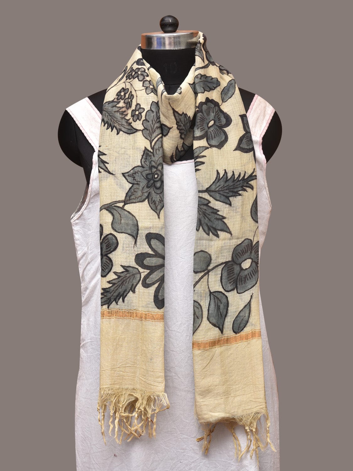 Cream Kalamkari Hand Painted Kota Silk Dupatta with Floral and Birds Design ds3392