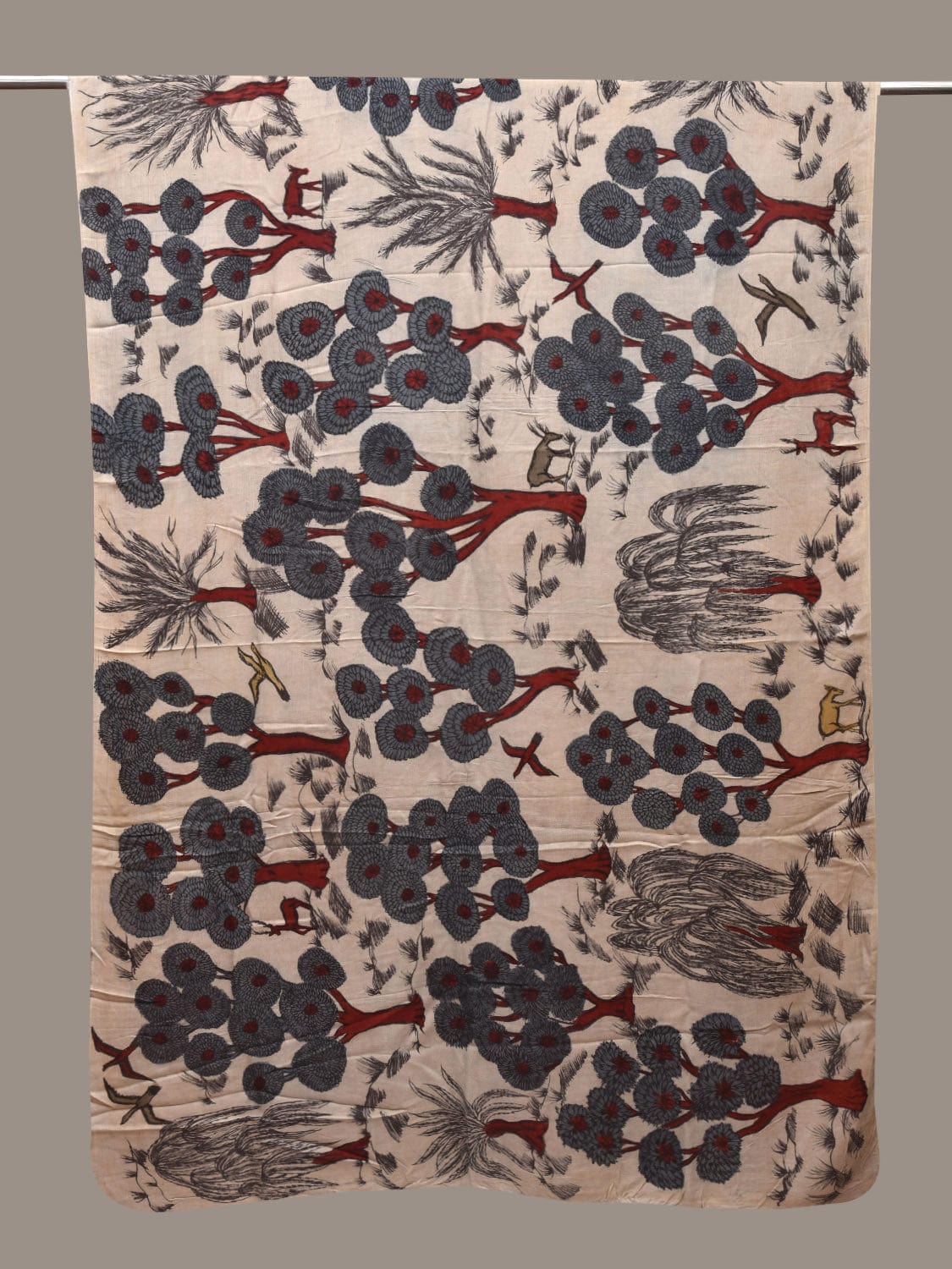 Cream Kalamkari Hand Painted Modal Cotton Handloom 3mts Fabric with Trees and Deers Design f0211