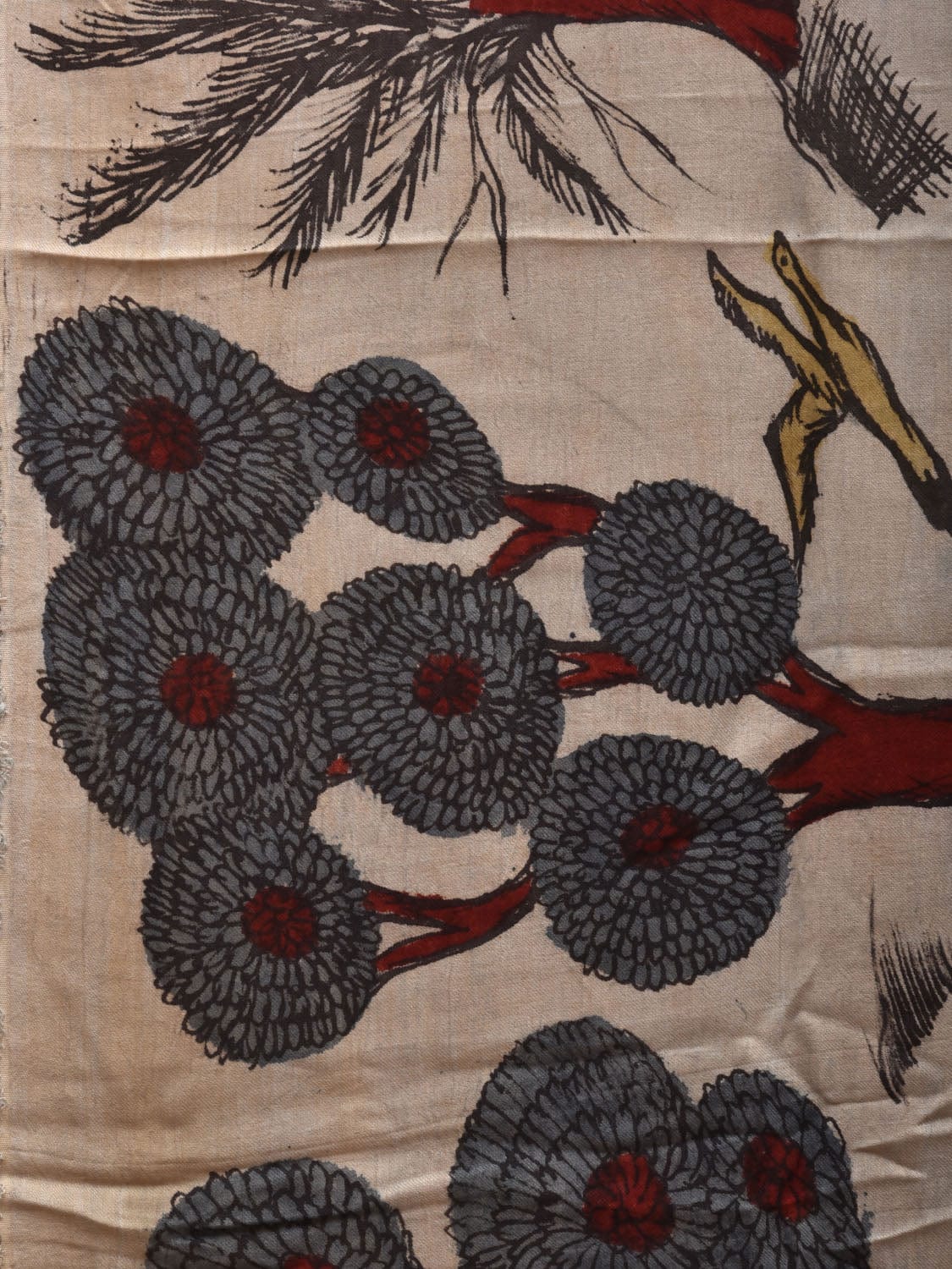 Cream Kalamkari Hand Painted Modal Cotton Handloom 3mts Fabric with Trees and Deers Design f0211