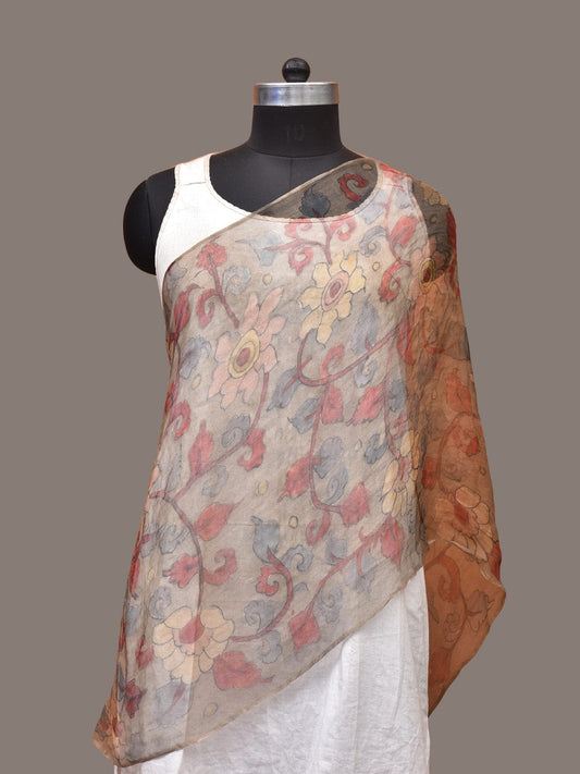Cream Kalamkari Hand Painted Organza Stole with Floral Design ds3296