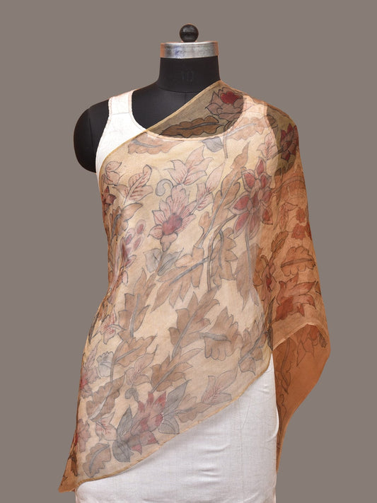Cream Kalamkari Hand Painted Organza Stole with Floral Design ds3299
