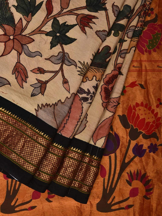 Cream Kalamkari Hand Painted Paithani Silk Handloom Saree Floral Design KL0486