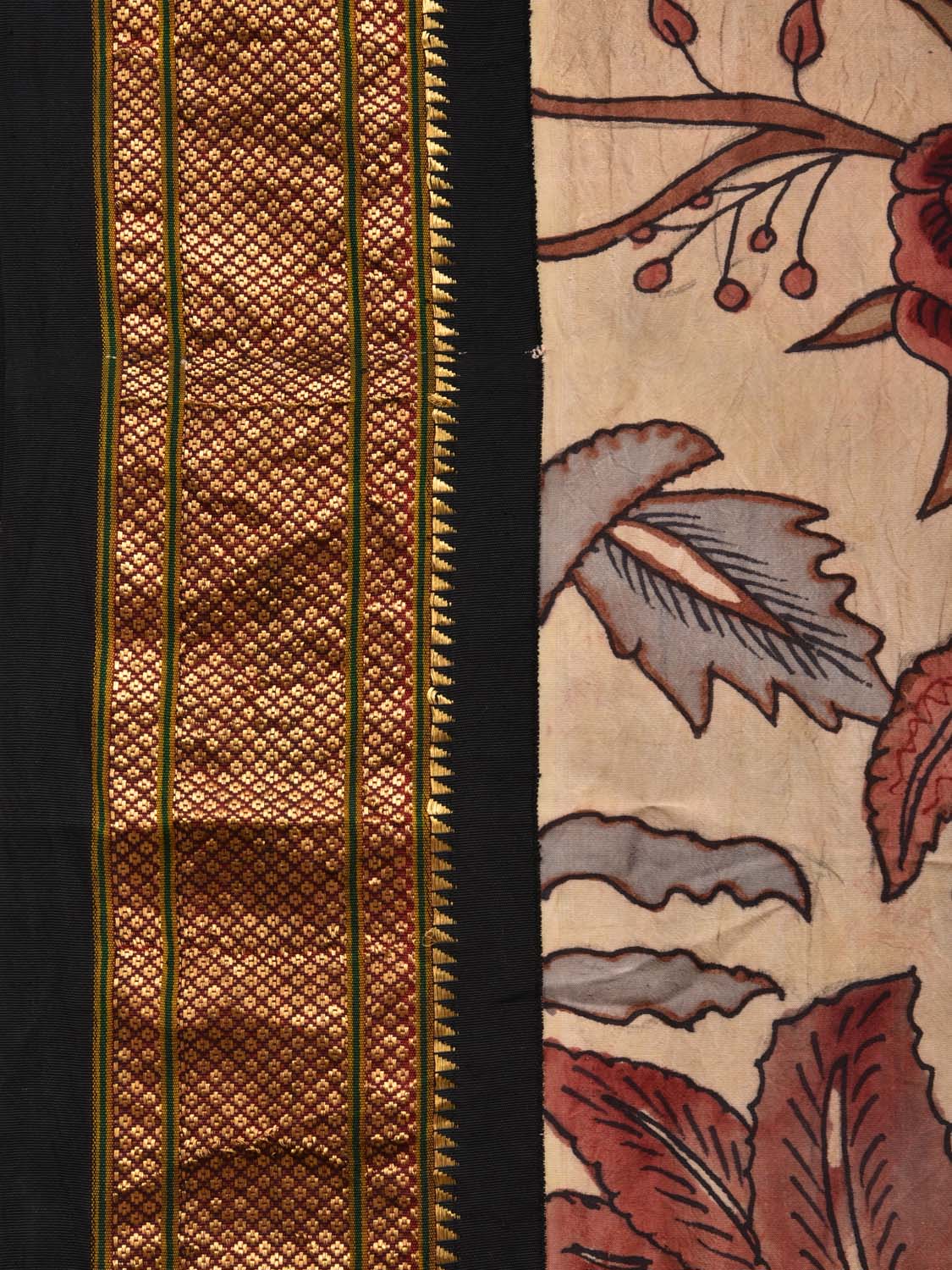 Cream Kalamkari Hand Painted Paithani Silk Handloom Saree Floral Design KL0486