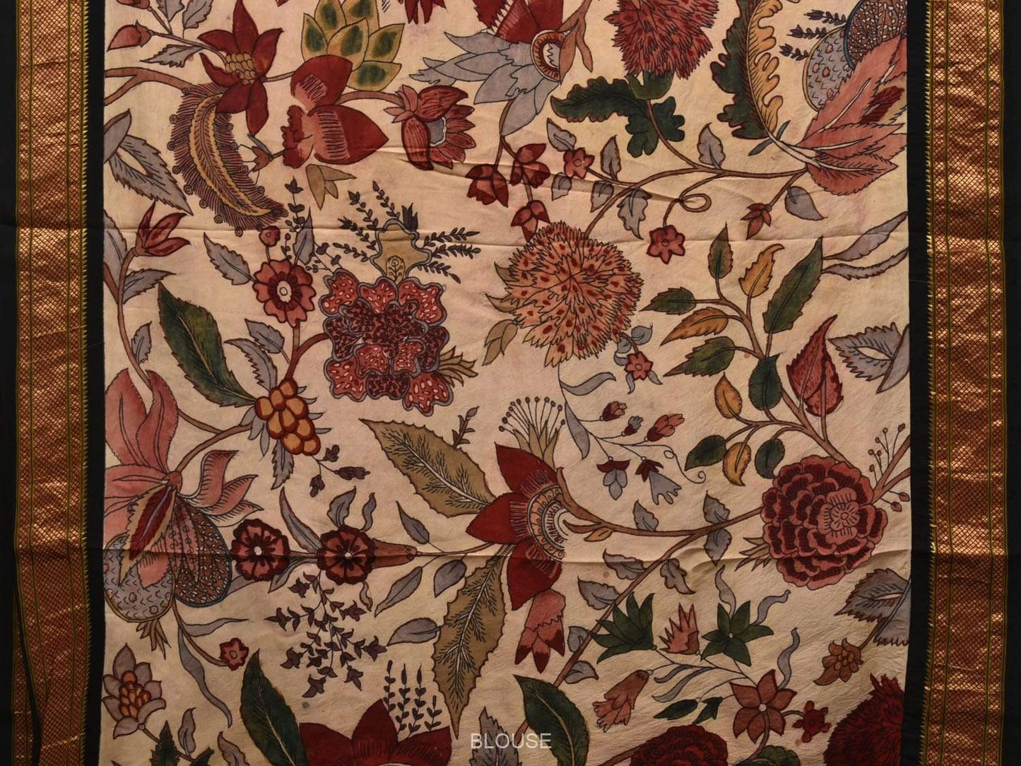 Cream Kalamkari Hand Painted Paithani Silk Handloom Saree Floral Design KL0486