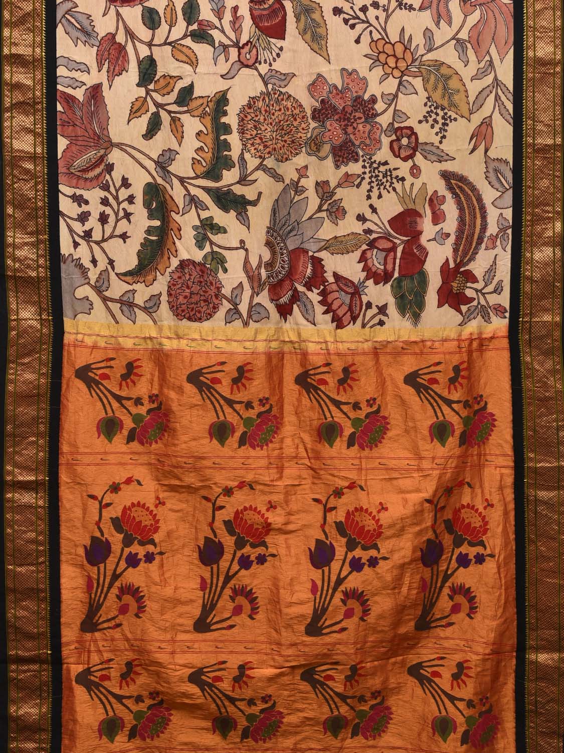 Cream Kalamkari Hand Painted Paithani Silk Handloom Saree Floral Design KL0486