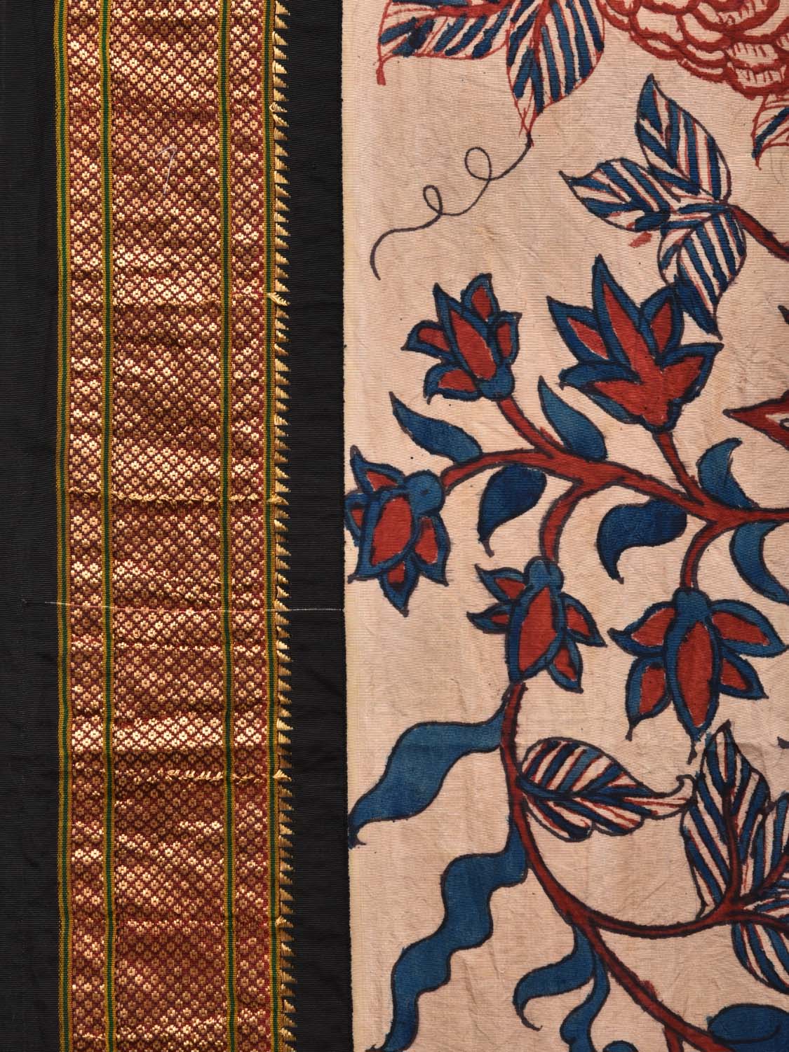 Cream Kalamkari Hand Painted Paithani Silk Handloom Saree with Big Floral Design KL0488