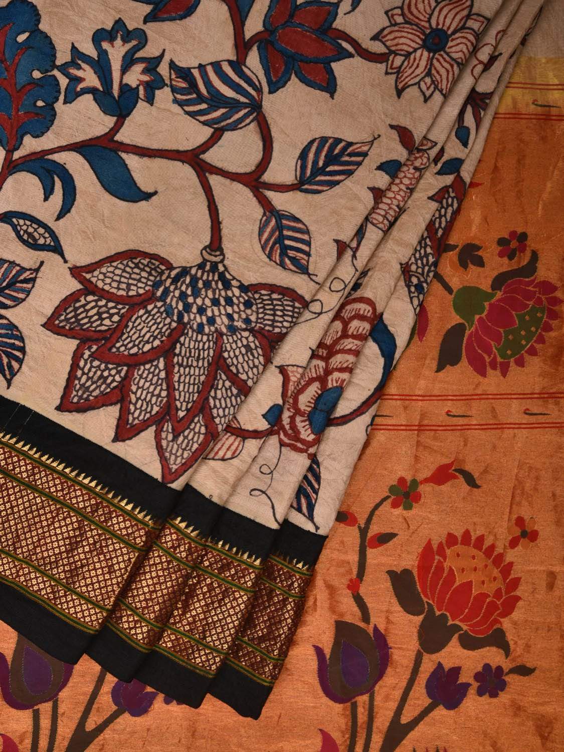 Cream Kalamkari Hand Painted Paithani Silk Handloom Saree with Big Floral Design KL0488