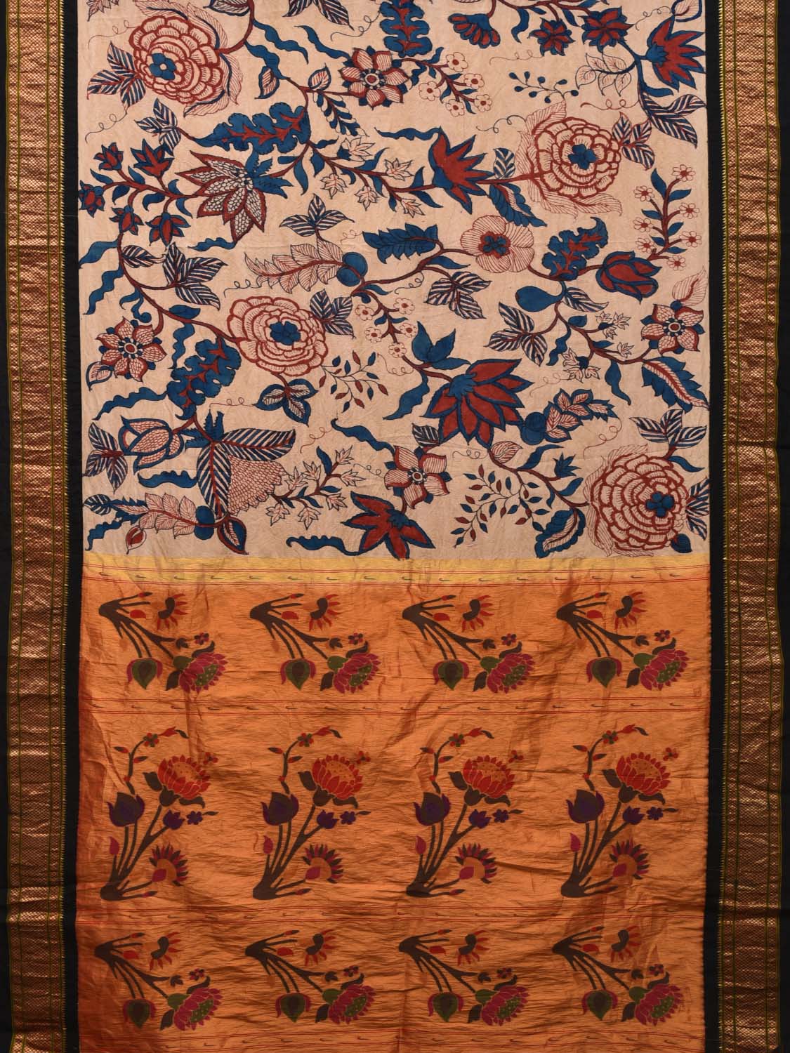 Cream Kalamkari Hand Painted Paithani Silk Handloom Saree with Big Floral Design KL0488