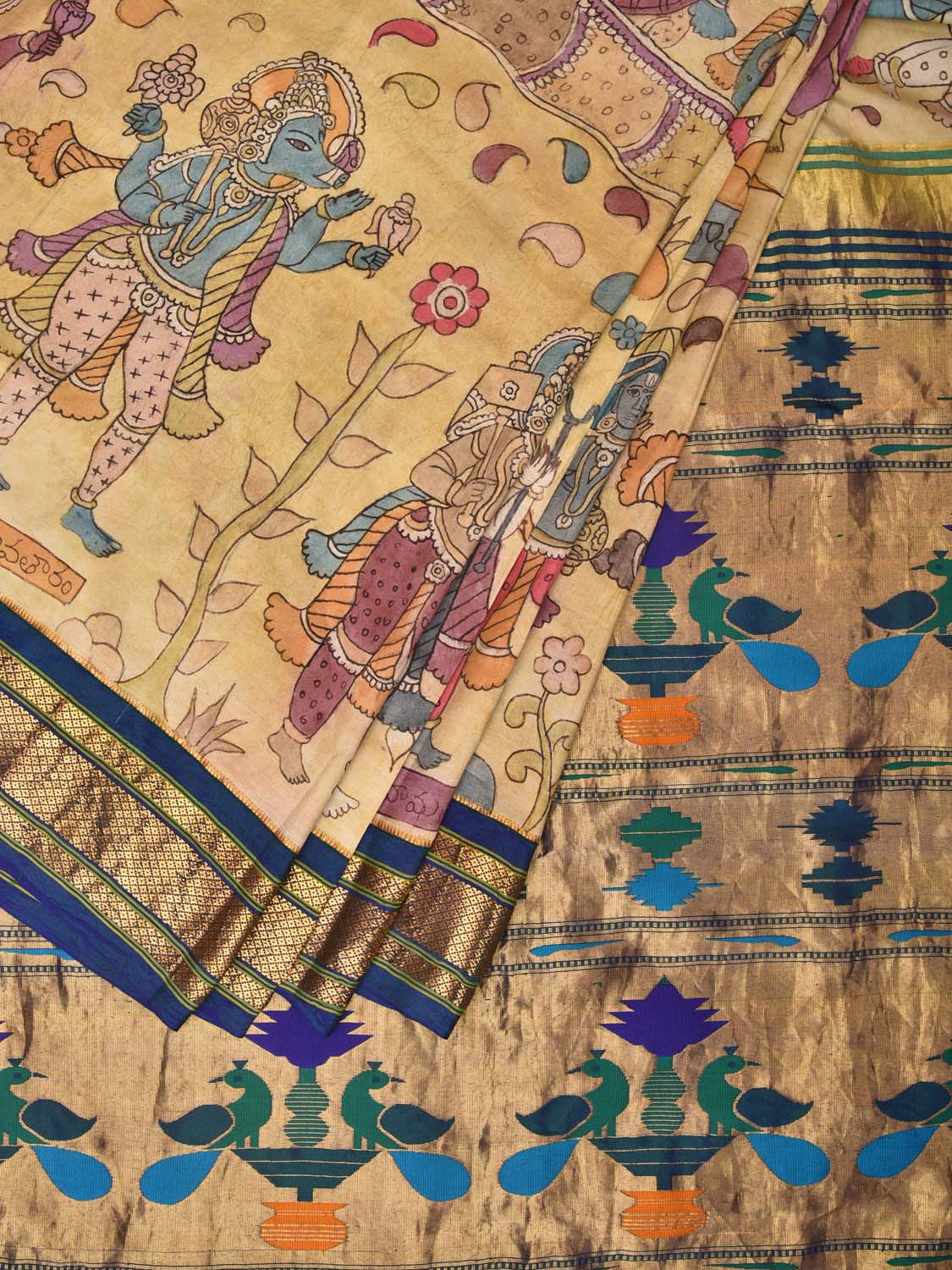 Cream Kalamkari Hand Painted Paithani Silk Handloom Saree with Dahsavatar Design KL0729